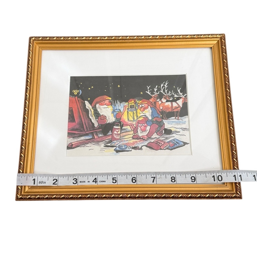 Santa Clause & His Elves Wall Decor Re-Drawn Painted Gold Frames Set of 3 - Picture 6 of 16
